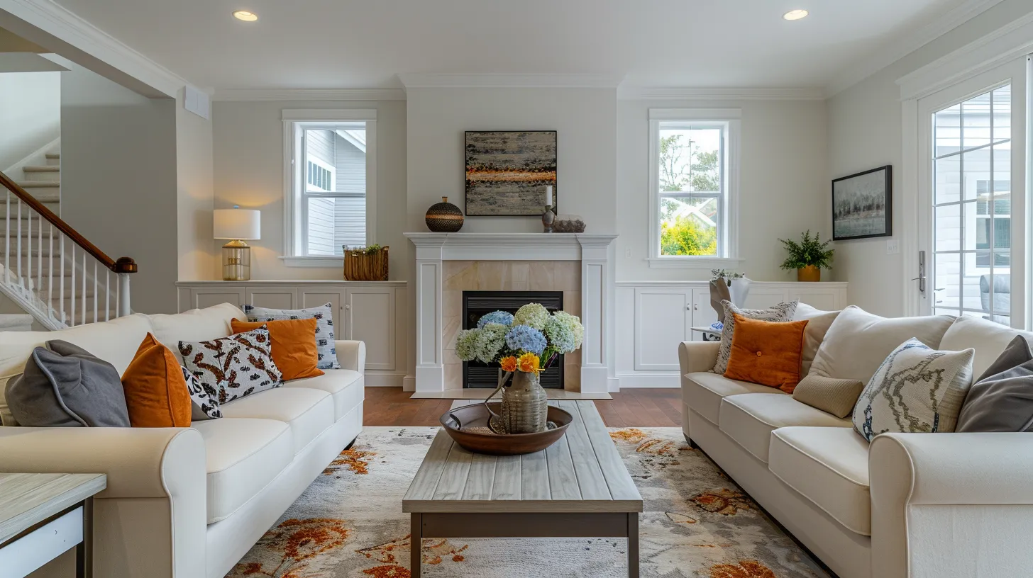 a beautifully staged living room in a new jersey home, showcasing freshly cleaned and organized spaces, vibrant decor, and a subtly repaired chimney in the background, all bathed in warm, natural light to attract potential buyers.