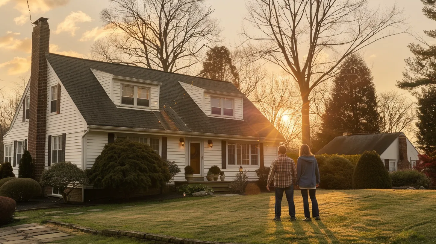 a confident homeowner discusses cash offers with a real estate agent in front of a charming new jersey home, showcasing a scenic backdrop with a well-maintained chimney, bathed in warm, late afternoon sunlight.