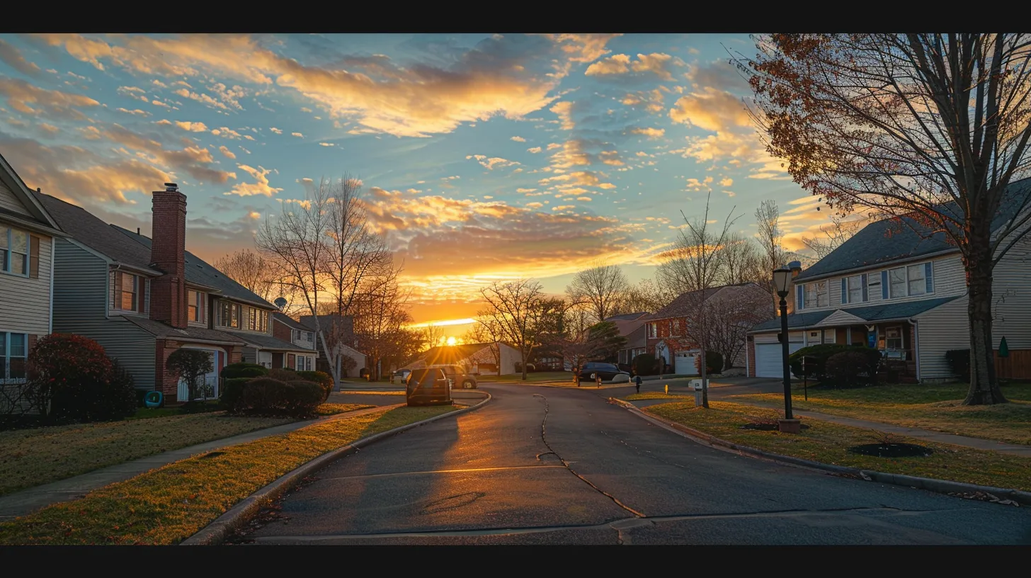 a serene new jersey neighborhood at sunset, showcasing a well-maintained home with a freshly repaired chimney, symbolizing the smooth and successful closing of a real estate sale.