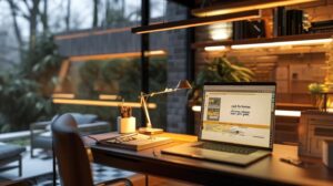Sell My House New Jersey | We Buy Houses New Jersey | Cash for Homes NJ Process Explained Clearly for Homeowners a focused, modern office workspace features a sleek desk with a laptop displaying a flowchart of the "cash for homes nj" process, alongside a professionally bound booklet titled "chimney repair guide," illuminated by warm overhead lighting that enhances the inviting atmosphere.