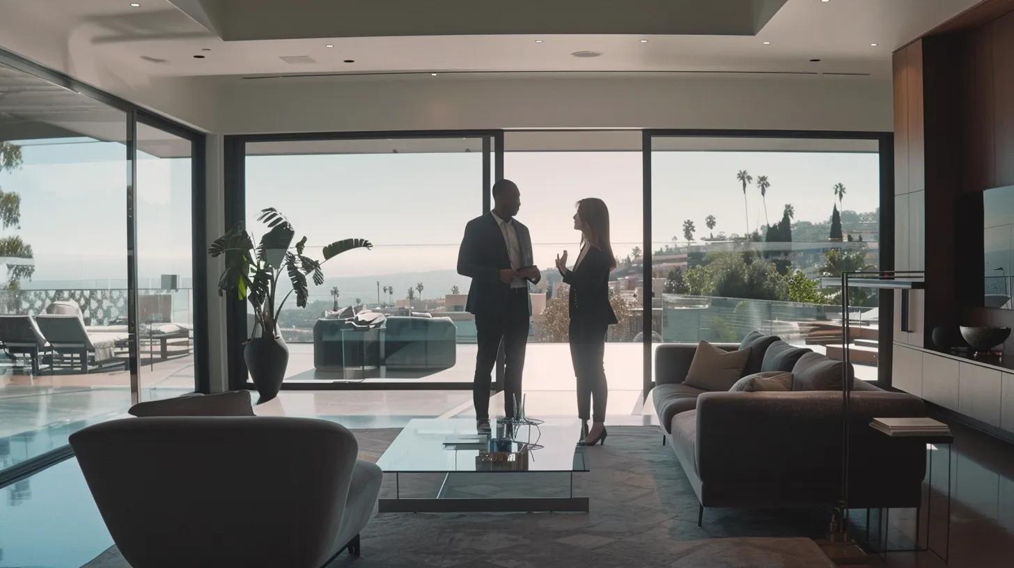 a professional real estate agent confidently presents a sleek, modern home in an urban setting, emphasizing the ease and efficiency of cash offers as buyers examine the property under bright, artificial office lights. a professional real estate agent confidently presents a sleek, modern home in an urban setting, emphasizing the ease and efficiency of cash offers as buyers examine the property under bright, artificial office lights.