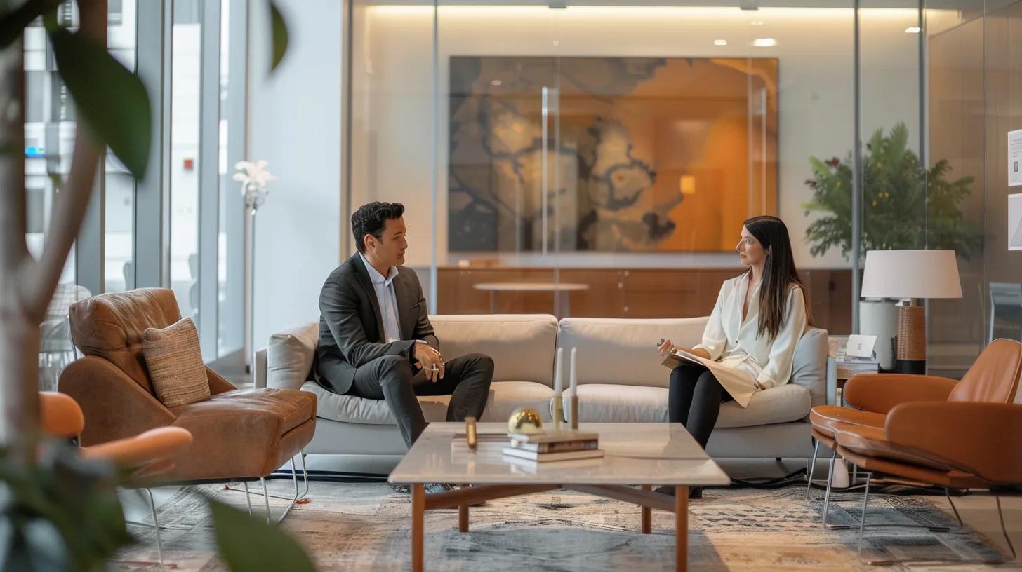 a modern office setting features a confident homeowner discussing a fast cash sale with a professional cash buyer, accentuated by sleek furniture and ambient lighting, conveying urgency and trust in the real estate process. a modern office setting features a confident homeowner discussing a fast cash sale with a professional cash buyer, accentuated by sleek furniture and ambient lighting, conveying urgency and trust in the real estate process.
