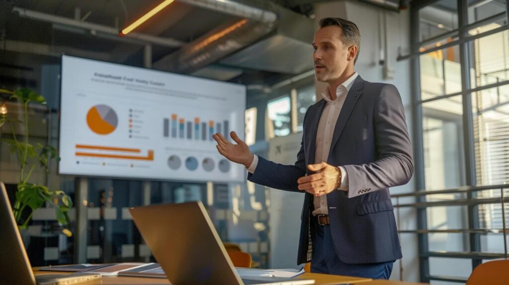 a sleek, modern office environment features a confident real estate agent presenting a visually engaging infographic on a large digital screen, illustrating the fast and efficient cash-for-homes process alongside imagery of chimney repairs, emphasizing professionalism and clarity in the home selling experience.