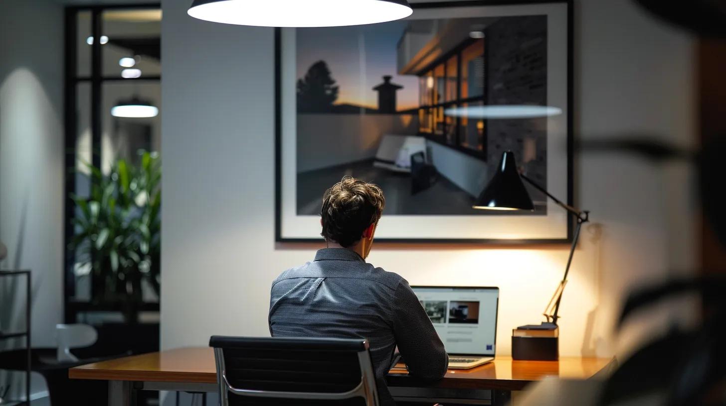 a sleek, modern office setting features a focused cash buyer reviewing property details on a laptop, illuminated by bright overhead lights, while a framed photo of a newly repaired chimney hangs prominently on the wall, symbolizing the seamless home-selling process. a sleek, modern office setting features a focused cash buyer reviewing property details on a laptop, illuminated by bright overhead lights, while a framed photo of a newly repaired chimney hangs prominently on the wall, symbolizing the seamless home-selling process.