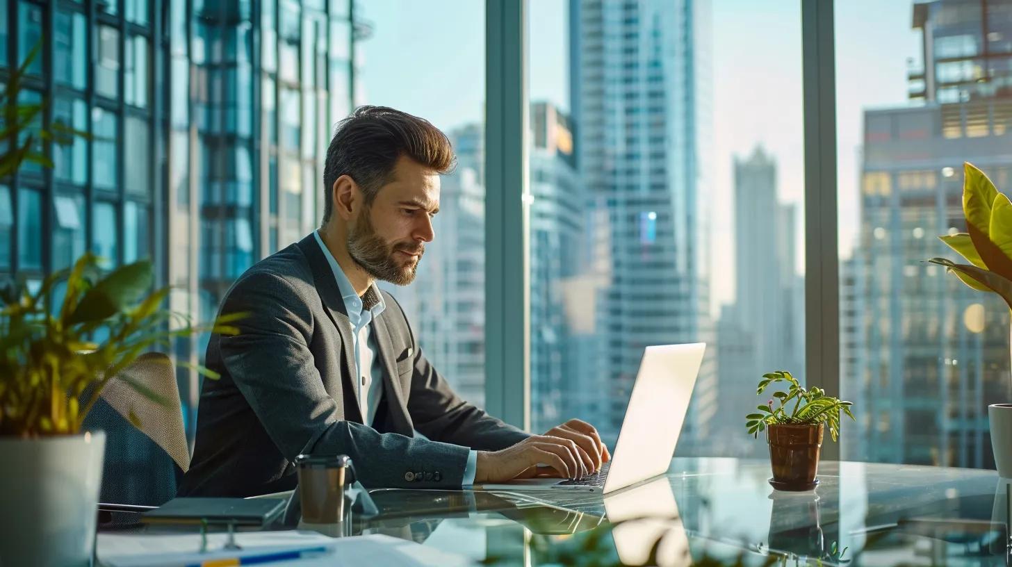 a modern, bright office setting features a confident real estate agent reviewing a cash offer proposal on a sleek laptop, with a backdrop of urban high-rises visible through large windows, symbolizing swift transactions and the fast-paced housing market in new jersey. a modern, bright office setting features a confident real estate agent reviewing a cash offer proposal on a sleek laptop, with a backdrop of urban high-rises visible through large windows, symbolizing swift transactions and the fast-paced housing market in new jersey.