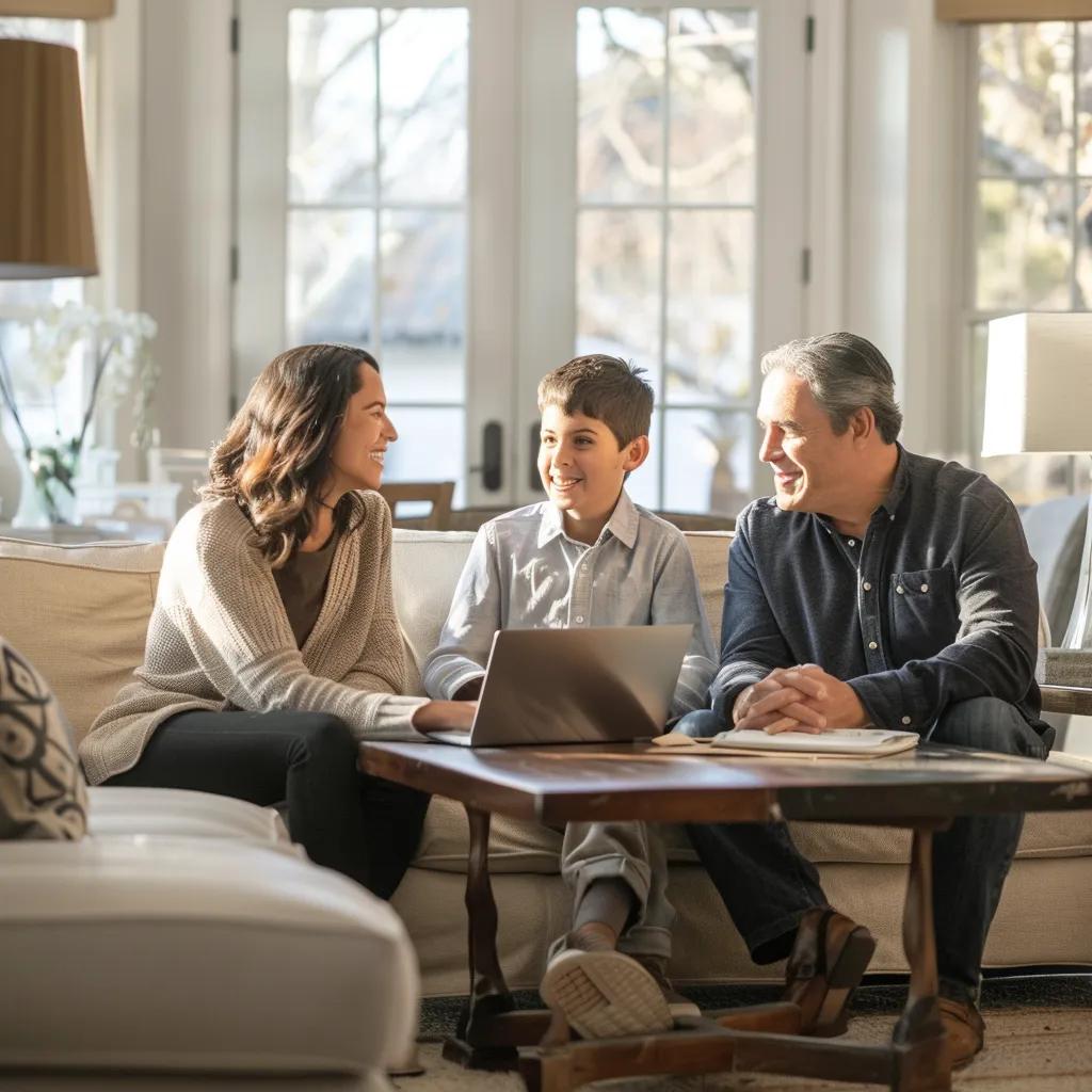 Family discussing cash home selling process in a cozy living room