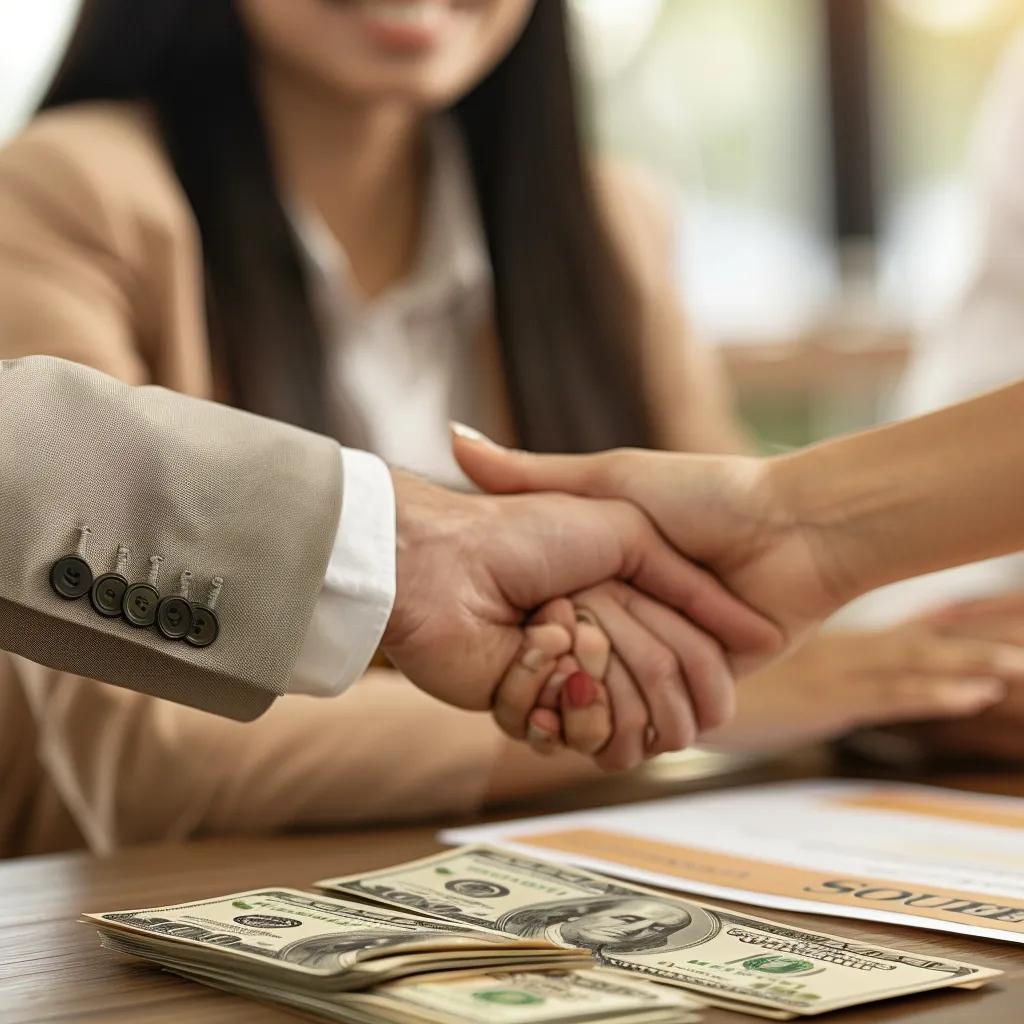 Homeowner receiving cash offer with a 'Sold' sign in the background