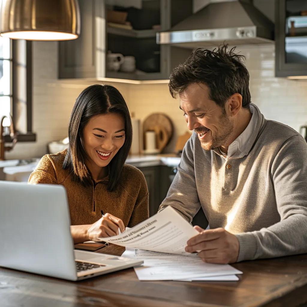 Homeowner and cash buyer reviewing documents at a kitchen table