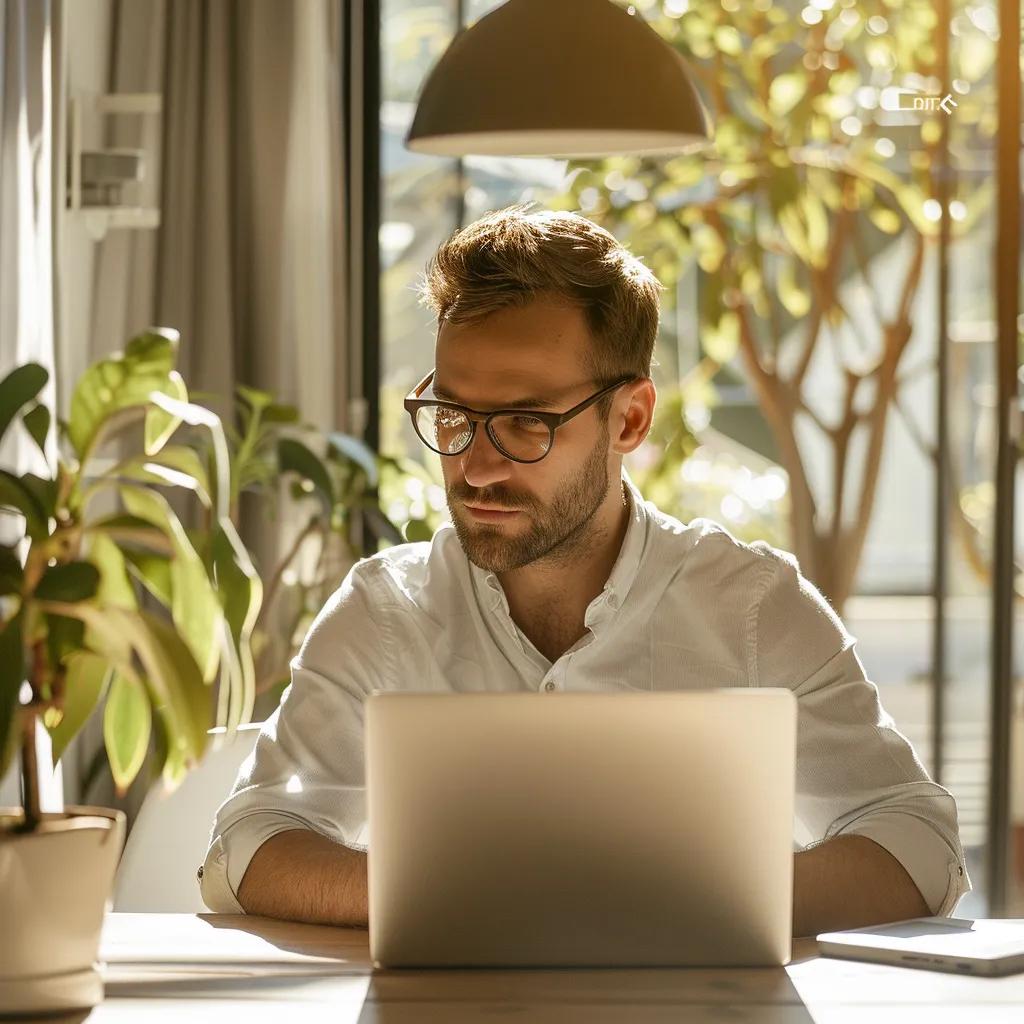 Homeowner researching cash buyers on a laptop in a modern home office