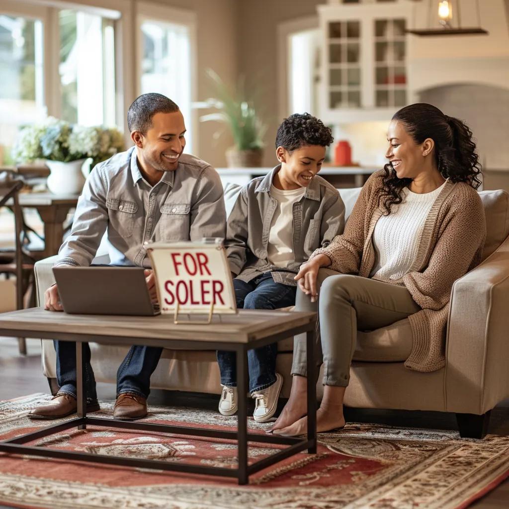 Family discussing cash home sale in a cozy living room