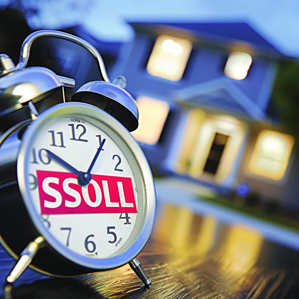 Symbol of speed in cash home sales with a clock and sold house
