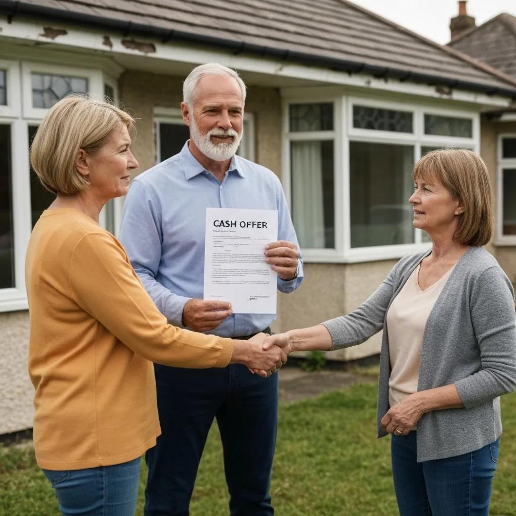 Cash buyer and homeowner discussing a fast sale for a distressed property
