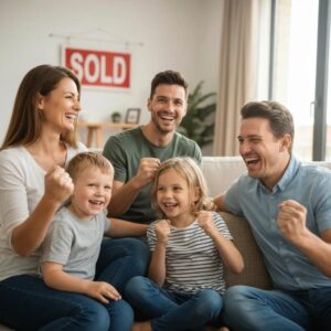 Sell My House New Jersey | We Buy Houses New Jersey | Unlock the Benefits of Cash Offers for Homes in NJ Happy family celebrating the sale of their home with a 'Sold' sign in the background