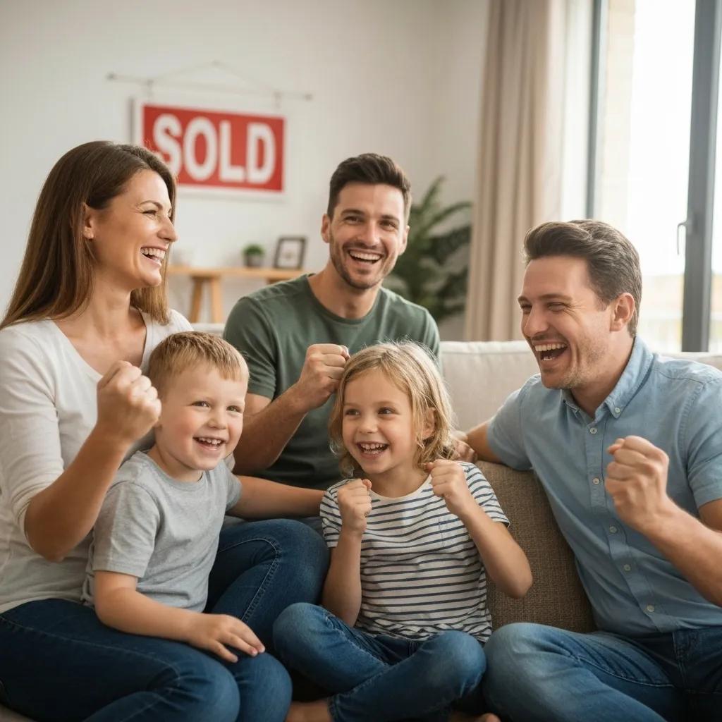 Happy family celebrating the sale of their home with a 'Sold' sign in the background
