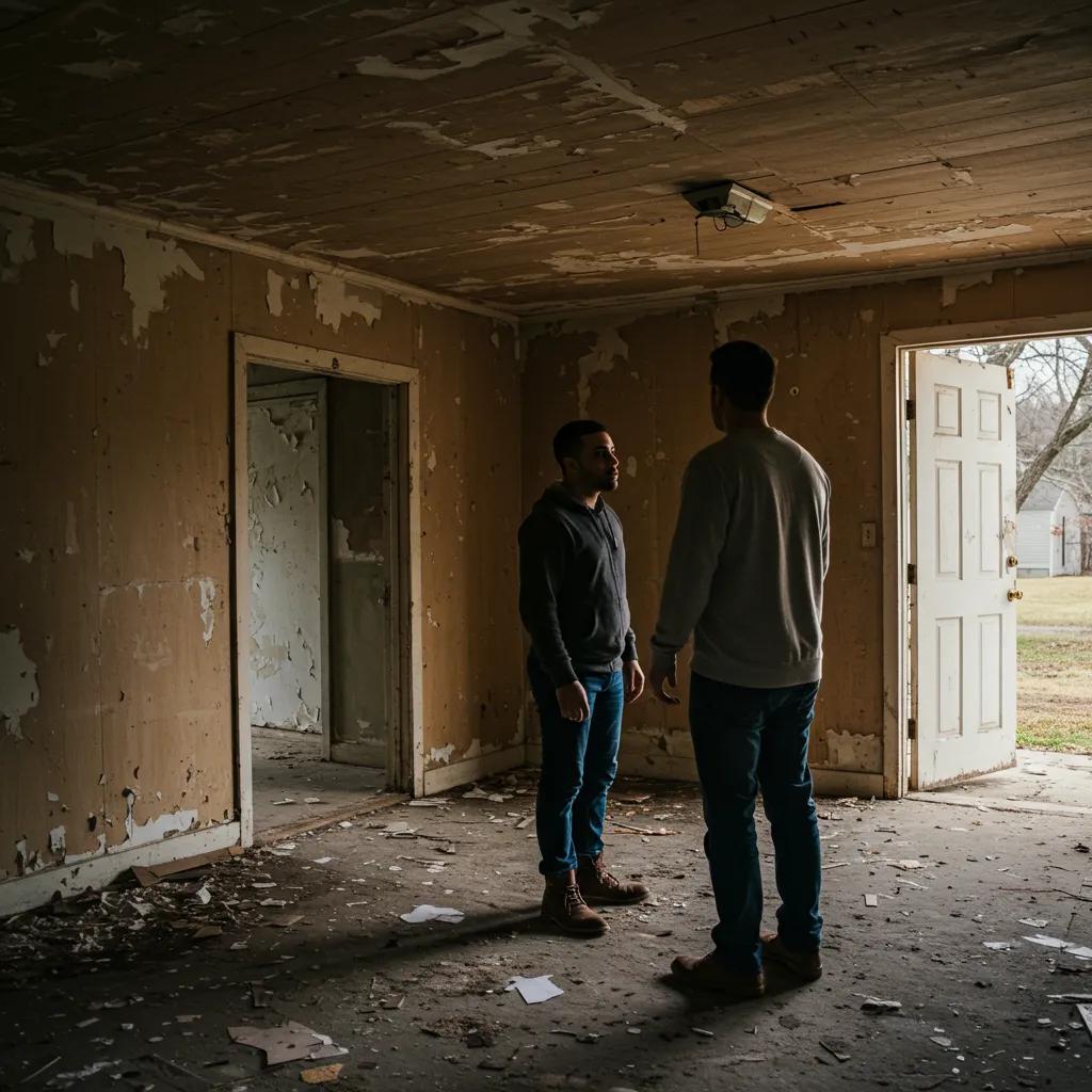Cash buyer inspecting a distressed home for as-is sale