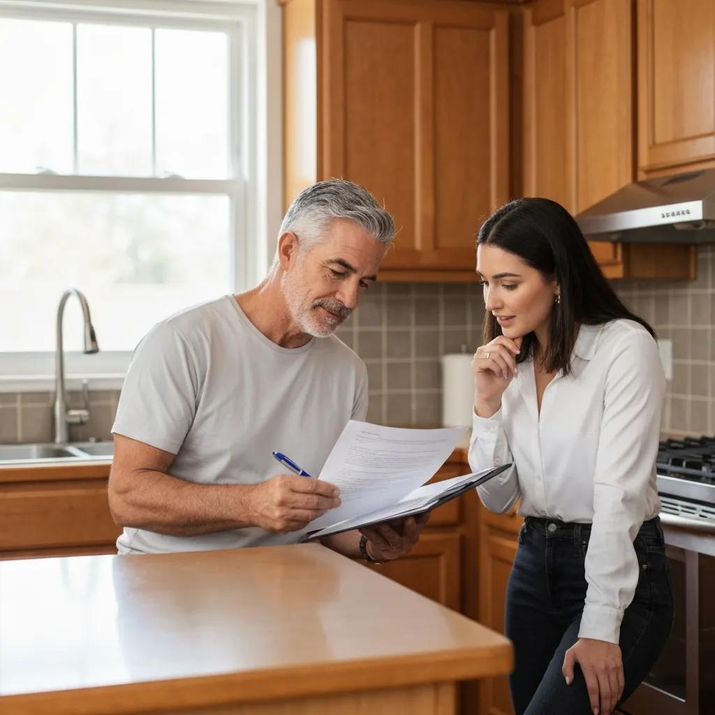 Couple reviewing documents for quick cash sale at kitchen table