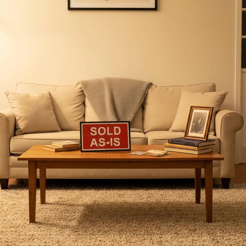 Cozy living room with a Sold As-Is sign