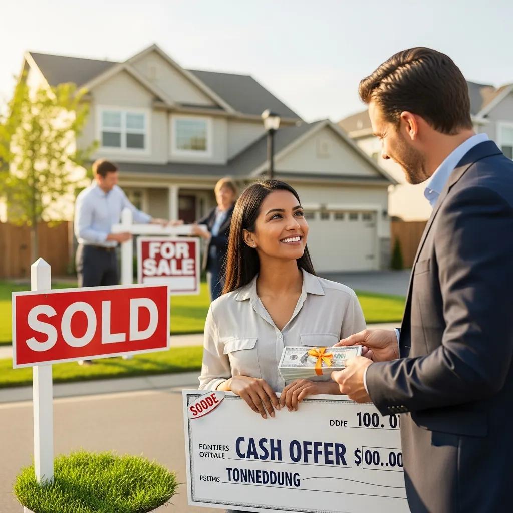 Homeowner receiving cash offer with 'Sold' sign, illustrating benefits of cash sales